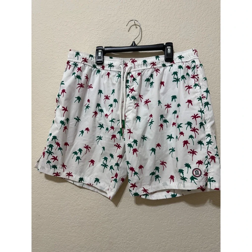 Serge Blanco Mens 2XL White Swim Trunks Palm Tree Print Drawstring Shorts‎